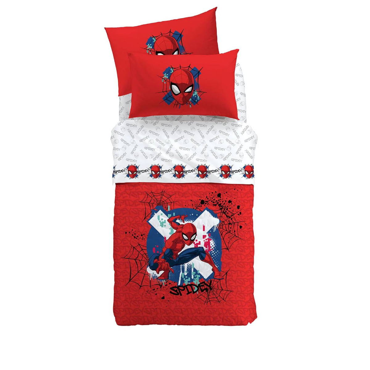Trapuntino Caleffi Spiderman Red in puro cotone per letto singolo. Fantasia piazzata, con una grande immagine di Spiderman a centro letto, su fondo rosso. Trapunta primaverile autunnale