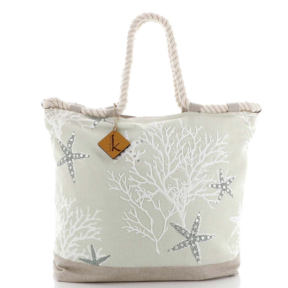 Borsa da mare e spiaggia Karakorum Izar fantasia beige con coralli e stelle marine