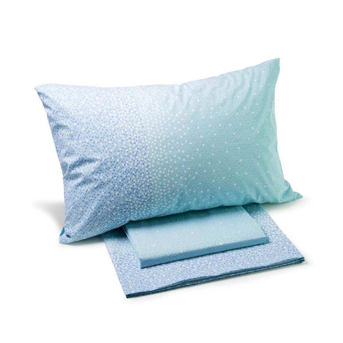 Completo lenzuola Caleffi Quadretti in puro cotone per letto singolo e da una piazza e mezza. Fantasia moderna colore blu azzurro.