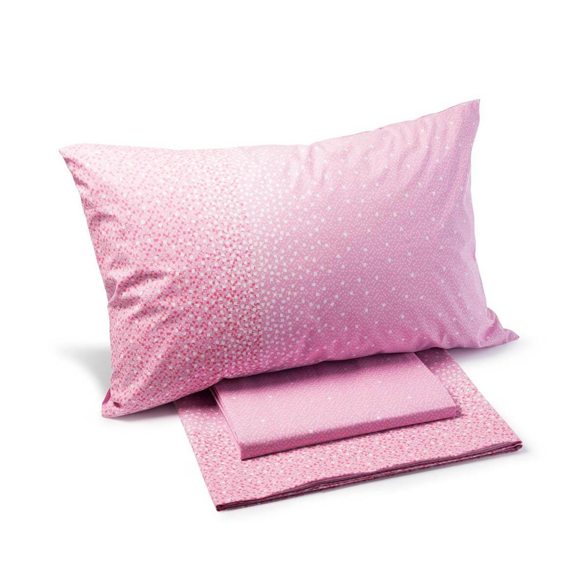 Completo lenzuola Caleffi Quadretti in puro cotone per letto singolo e da una piazza e mezza. Fantasia moderna colore rosa.