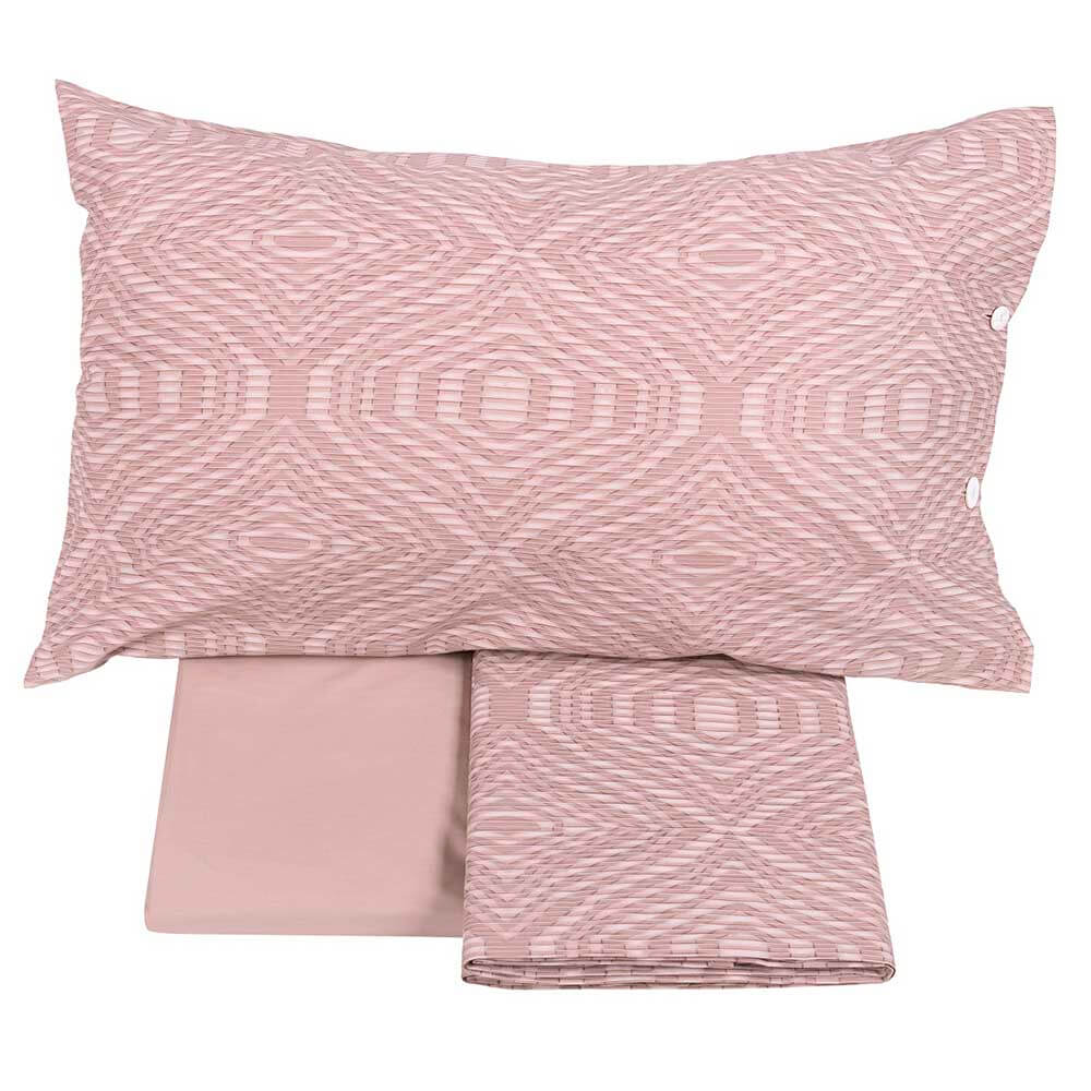 Completo lenzuola matrimoniale Fazzini Plops in flanella di puro cotone.  Le federe e il lenzuolo di sopra sono caratterizzate da una fantasia geometrica e moderna. Il lenzuolo di sotto con gli angoli è in tinta unita. Colore  rosa