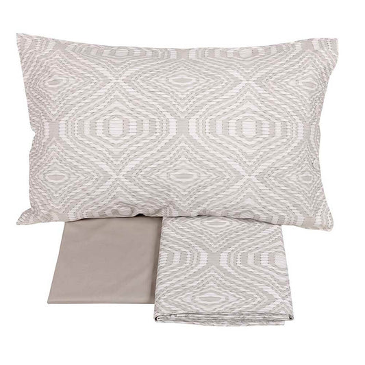 Completo lenzuola matrimoniale Fazzini Plops in percalle di puro cotone.  Moderna fantasia geometrica, variante di colore bianco beige tortora