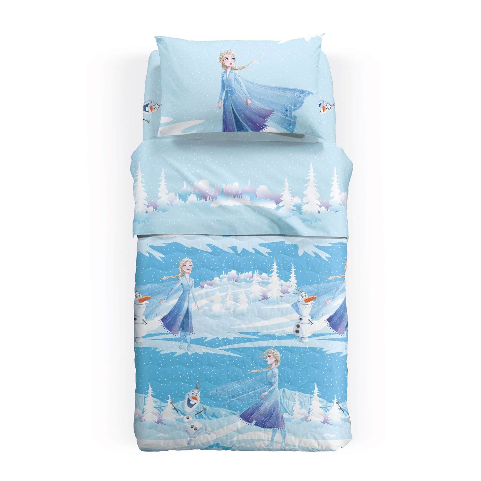 Trapuntino Caleffi Disney Frozen Inverno in microfibra per letto a una piazza. Fantasia azzurra con Elsa e Olaf.