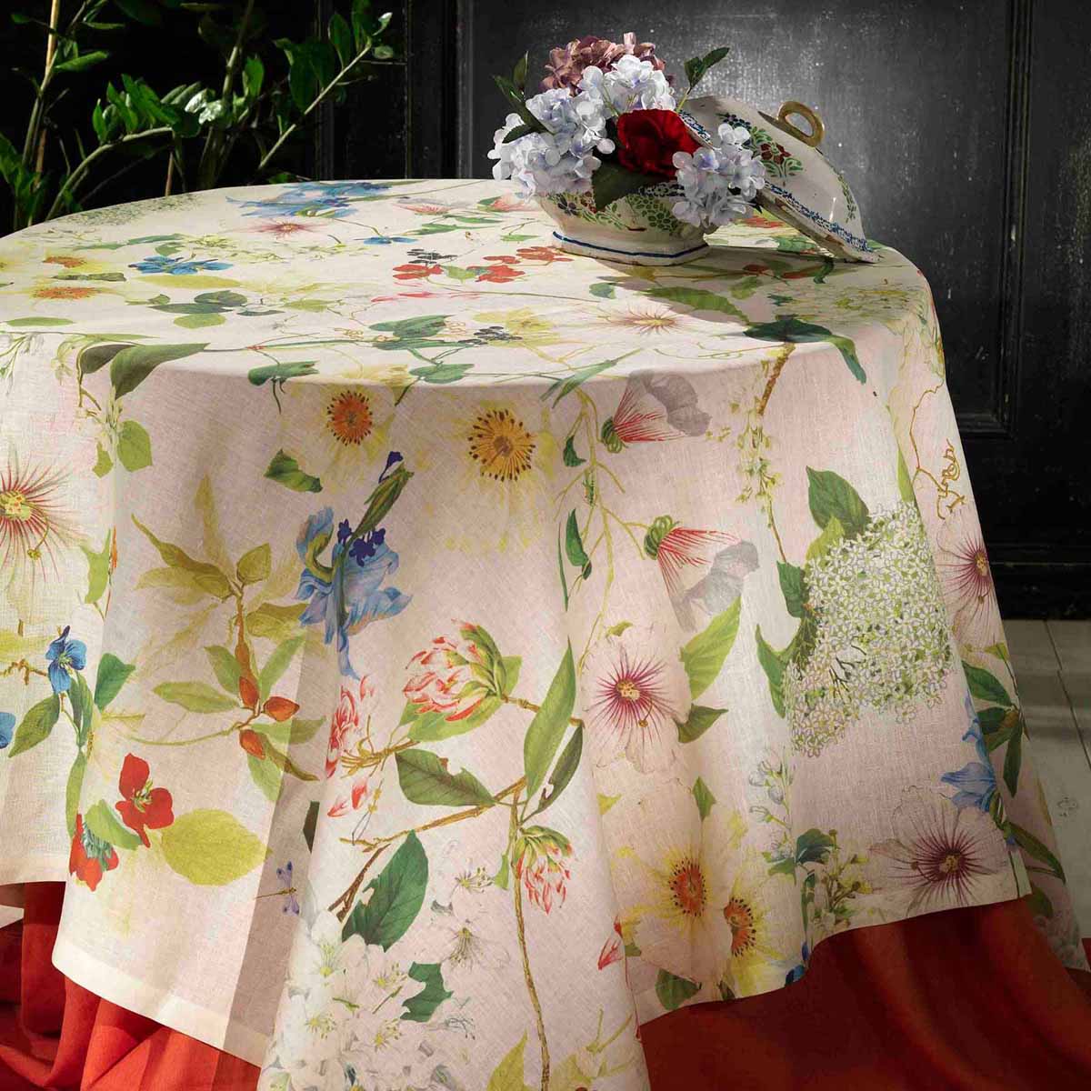 Ibisco tovaglia rettangolare di tessitura toscana in lino fantasia fiori 12 persone