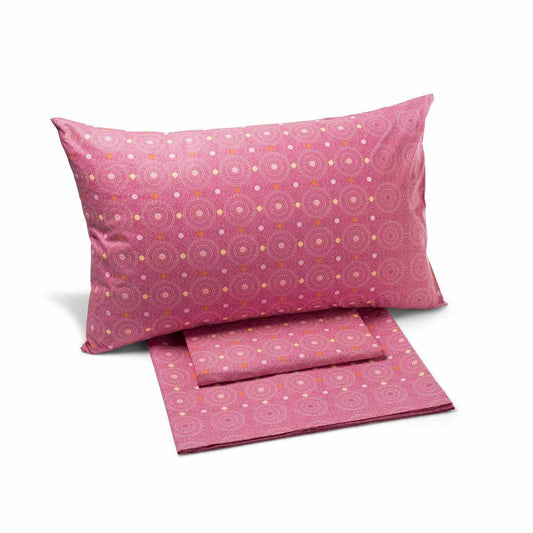 Completo lenzuola Caleffi Perla in puro cotone. Fantasia moderna e colorata, variante fuxia.  Lenzuola disponibili nella misura per letto singolo, piazza e mezza e alla francese (materasso largo 140 cm).