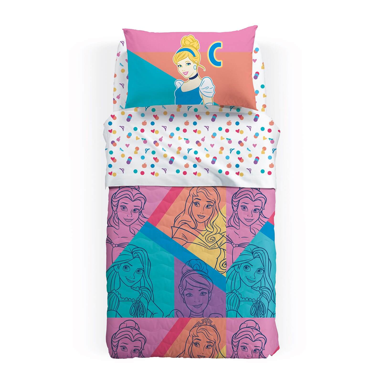 Principesse completo lenzuola caleffi disney in cotone per letto singolo con Cenerentola e Aurora
