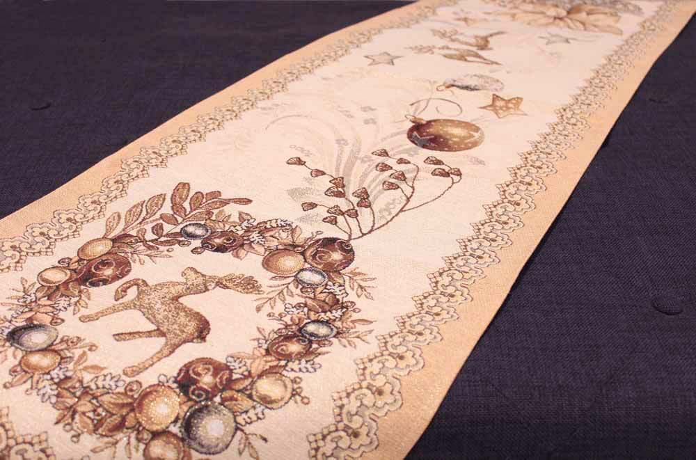 Runner Corsia natalizio Rudolph di Emily Home. Fantasia dorata. Tinto in filo con lavorazione Gobelin Jacquard a telaio.