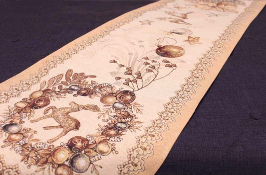 Runner Corsia natalizio Rudolph di Emily Home. Fantasia dorata. Tinto in filo con lavorazione Gobelin Jacquard a telaio.