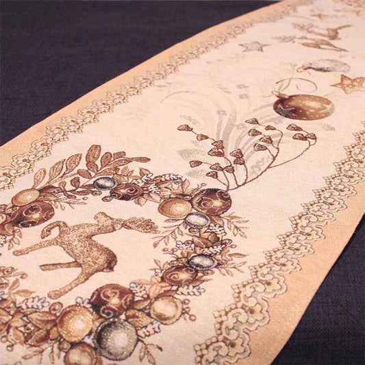 Runner Corsia natalizio Rudolph di Emily Home. Fantasia dorata. Tinto in filo con lavorazione Gobelin Jacquard a telaio.