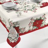 Servizio tavola Gabel Majestic rettangolare x12 in puro cotone.  Fantasia natalizia con fiori bianchi e rossi su fondo chiaro. Fantasia piazzata con bordo rosso.