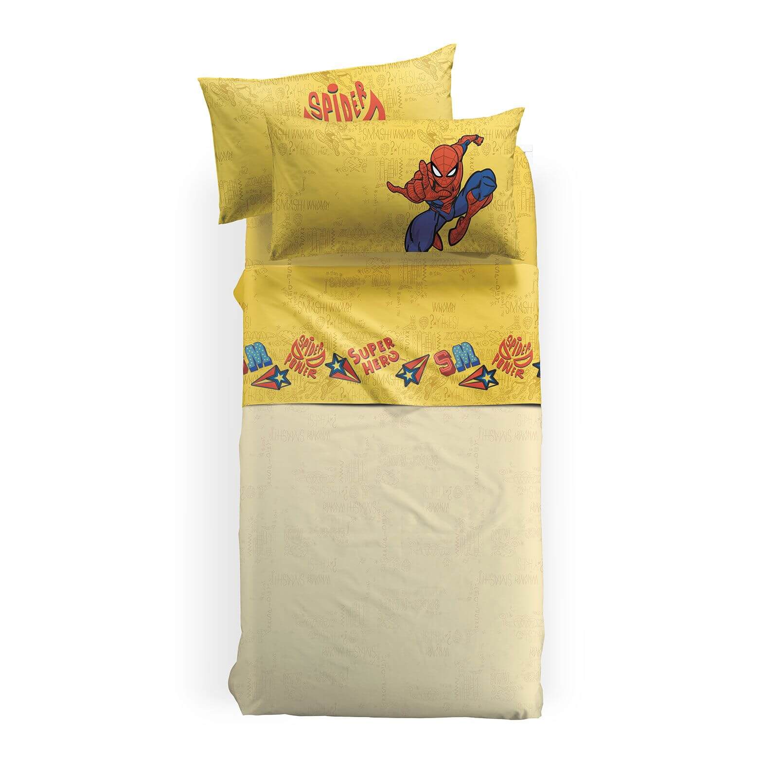 Spiderman hero completo lenzuola caleffi disney marvel in cotone per letto singolo piazza e mezza giallo