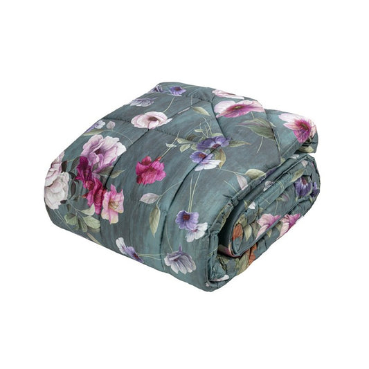 Trapunta invernale matrimoniale Fazzini Velvet in raso di puro cotone. Piumone con fiori rosa e azzurri su fondo