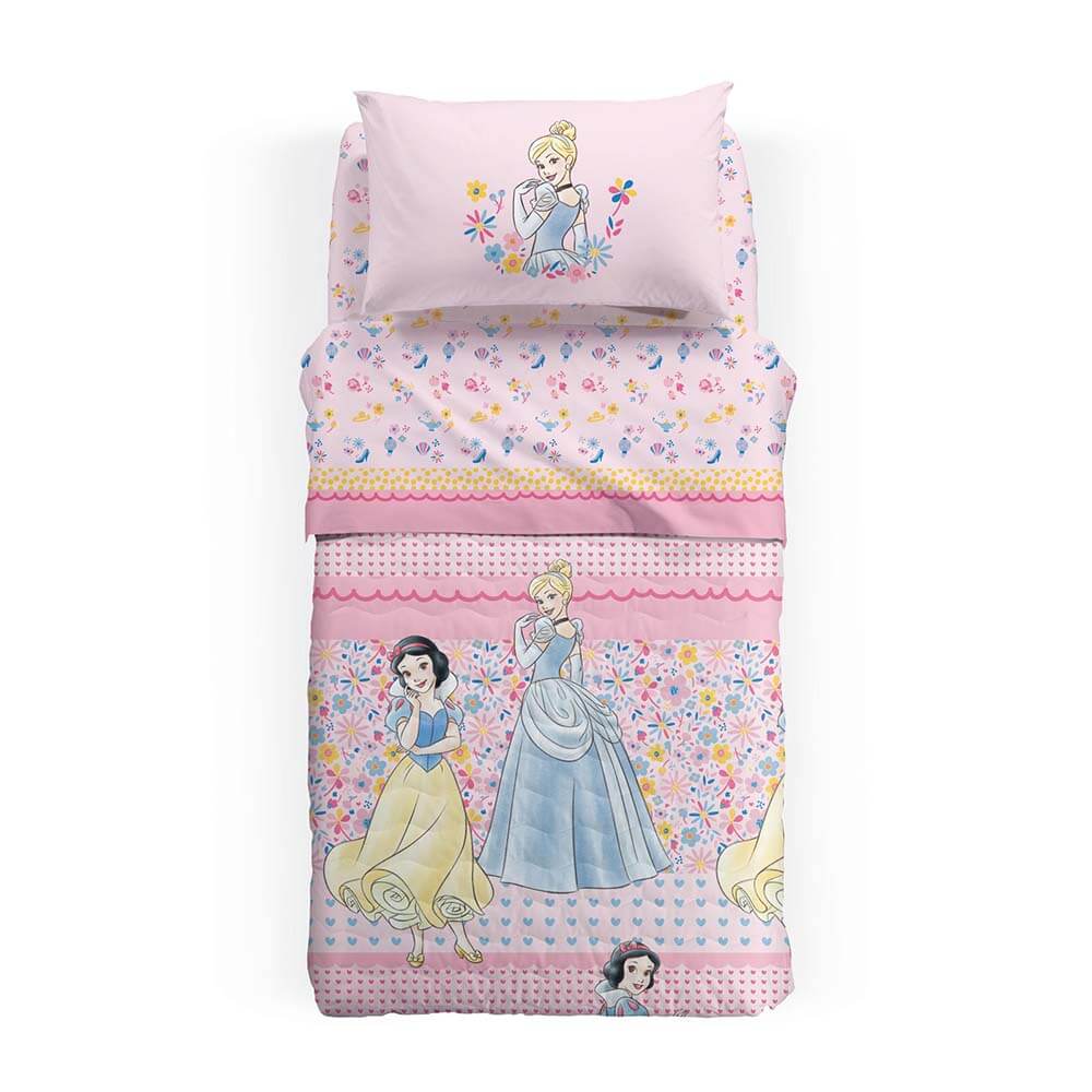 Trapuntino Caleffi Disney Princess Romance in cotone. Fantasia per bambina con le Principesse Disney Biancaneve e Cenerentola. Disponibile per letto singolo 