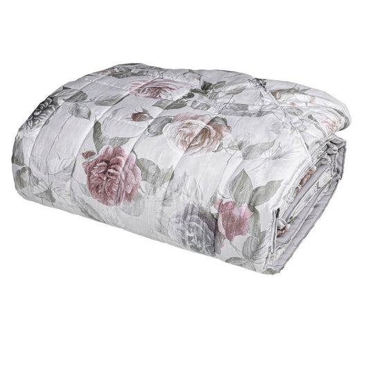 Trapunta primaverile matrimoniale Fazzini Rugiada in raso di puro cotone. Trapuntino con fantasia floreale su fondo chiaro. Quilt colore bianco/grigio frozen