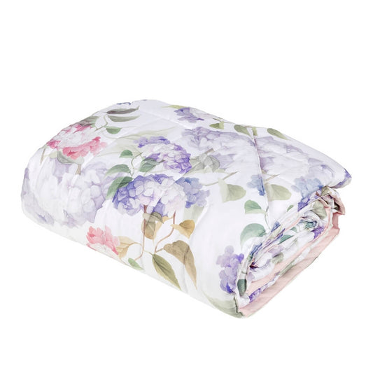 Trapunta invernale piumone matrimoniale Ortensie Fazzini in percalle di puro cotone. Fantasia floreale con fiori rosa e glicine. Collezione autunno inverno 2021.