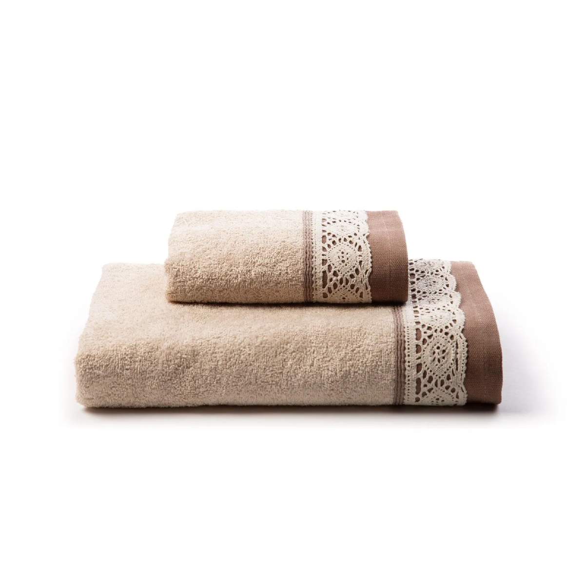 Coppia asciugamani Caleffi Sofy in spugna di puro cotone. Asciugamano e ospite, in tinta unita, sono impreziositi da bordo in pizzo. Colore panna beige