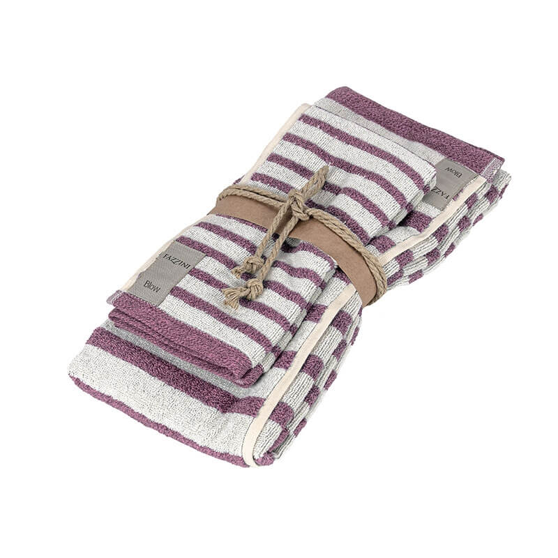 Coppia Asciugamani triade a righe fazzini asciugamani viso e ospite in spugna di cotone. Colore purple violetto