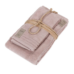 Asciugamano con ospite Coccola Fazzini. Coppia asciugamani in tinta unita. Colore rosa boho. Spugna di cotone 550 g/mq.