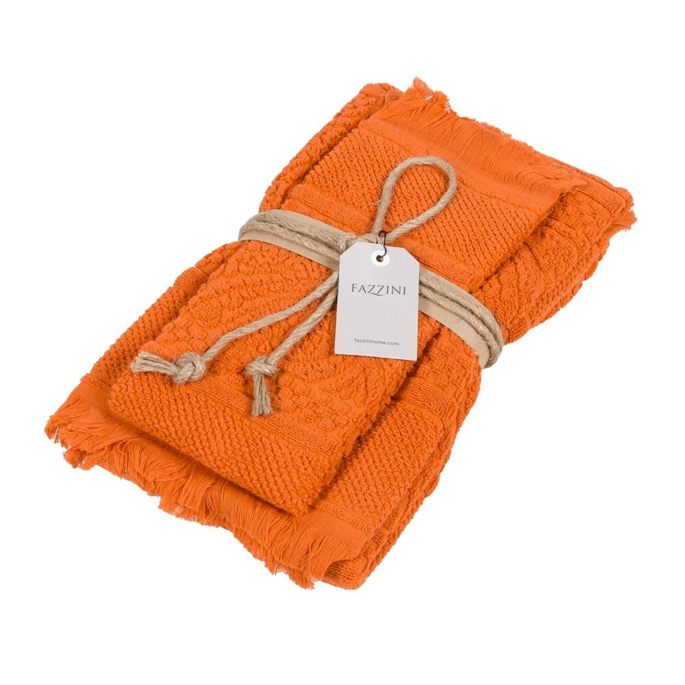 Coppia asciugamani Fazzini Dafne in spugna di puro cotone con lavorazione jacquard e frange. colore arancio.