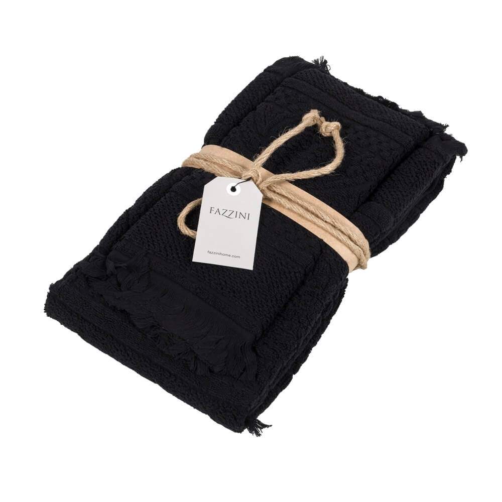 Coppia asciugamani Fazzini Dafne in spugna di puro cotone con lavorazione jacquard e frange. colore nero.
