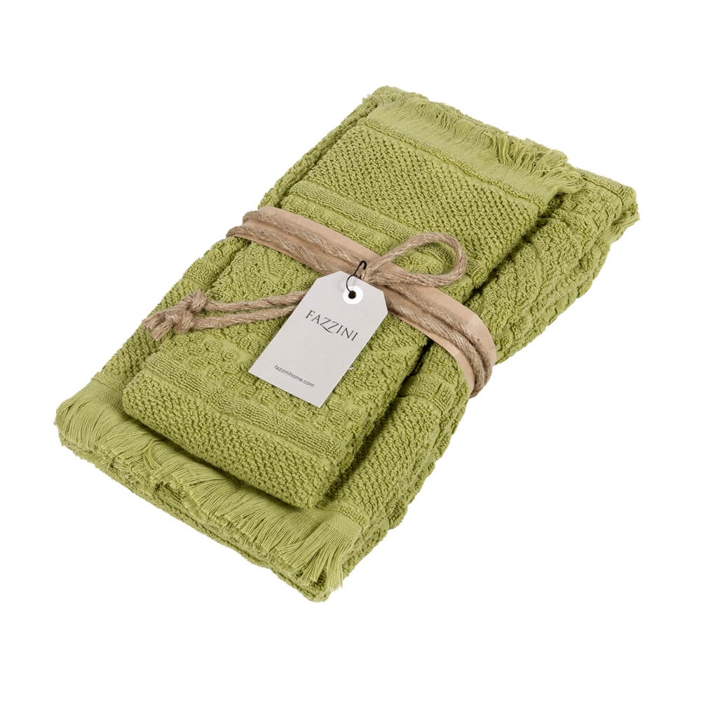 Coppia asciugamani Fazzini Dafne in spugna di puro cotone con lavorazione jacquard e frange. colore verde