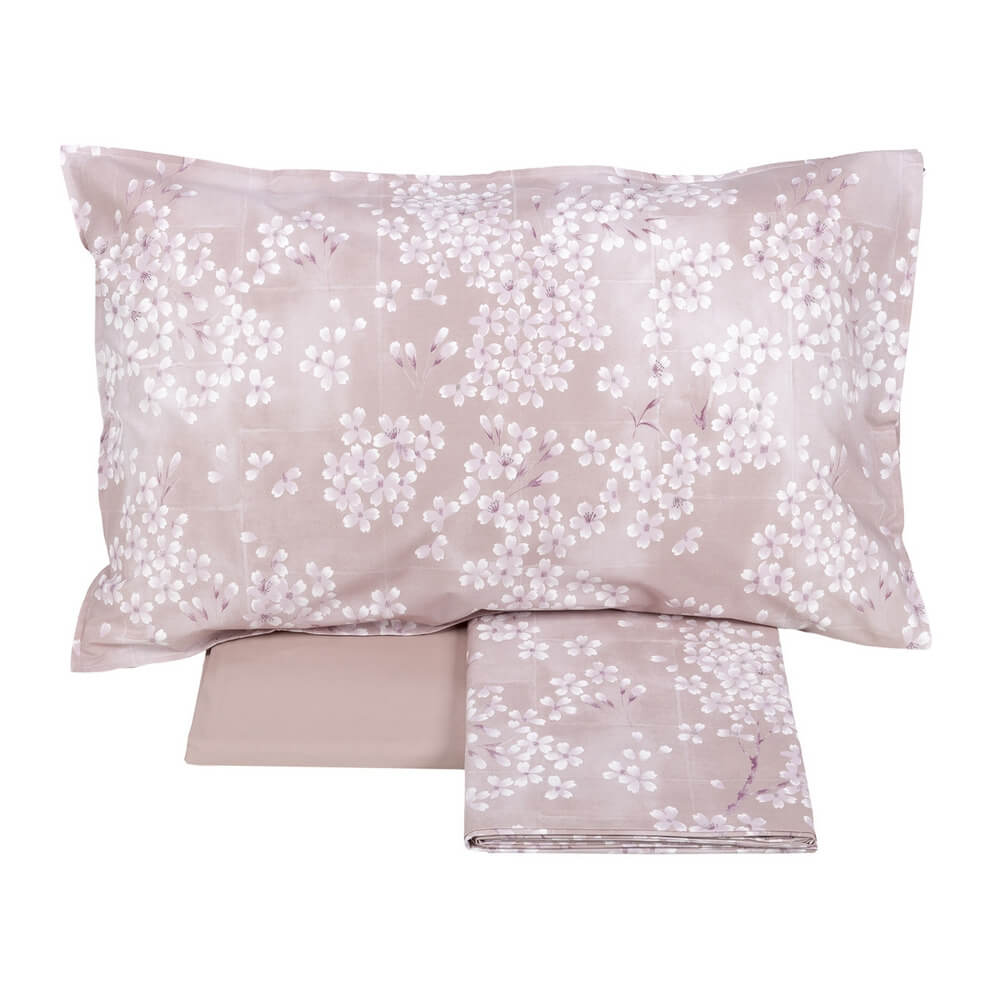 Completo Lenzuola matrimoniale Fazzini Kimono in percalle di cotone. Fantasia floreale con fiori bianchi su fondo rosa
