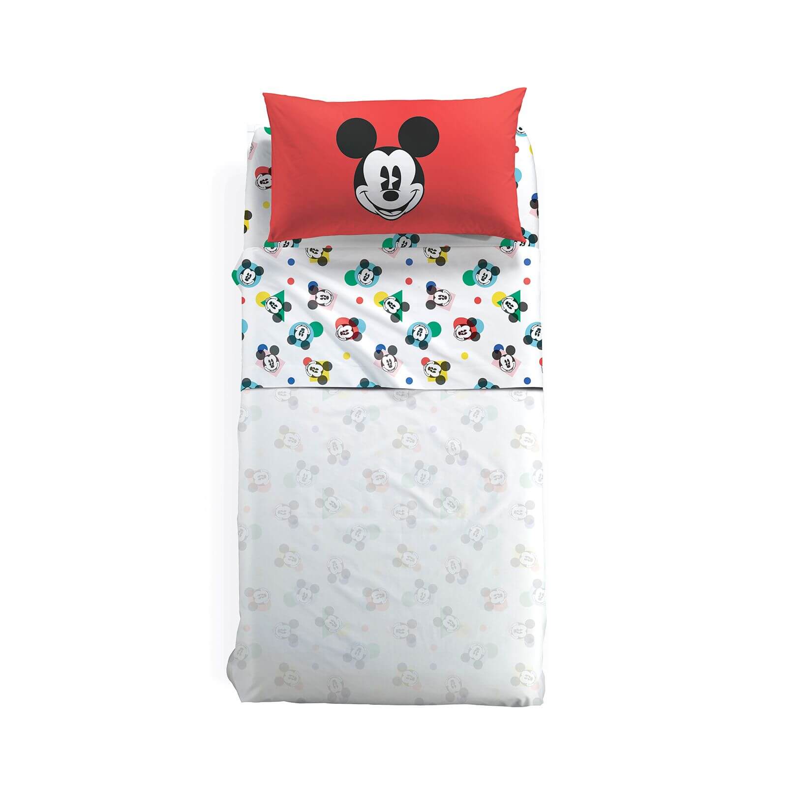 Completo lenzuola bambino Mickey Colors con Topolino in puro cotone per letto singolo. Linea Caleffi Disney. Multicolore su fondo bianco. Federa rossa con topolino.