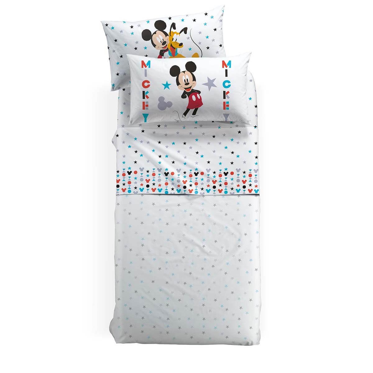 Completo lenzuola bambino Mickey Stelle con Topolino in puro cotone per letto singolo. Linea Caleffi Disney. Fondo bianco con topolino e stelle