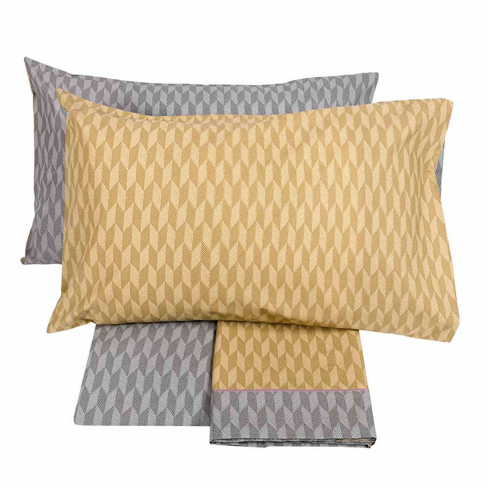 Completo lenzuola matrimoniale Fazzini Tweed, in percalle di puro cotone. Fantasia colore grigio senape.