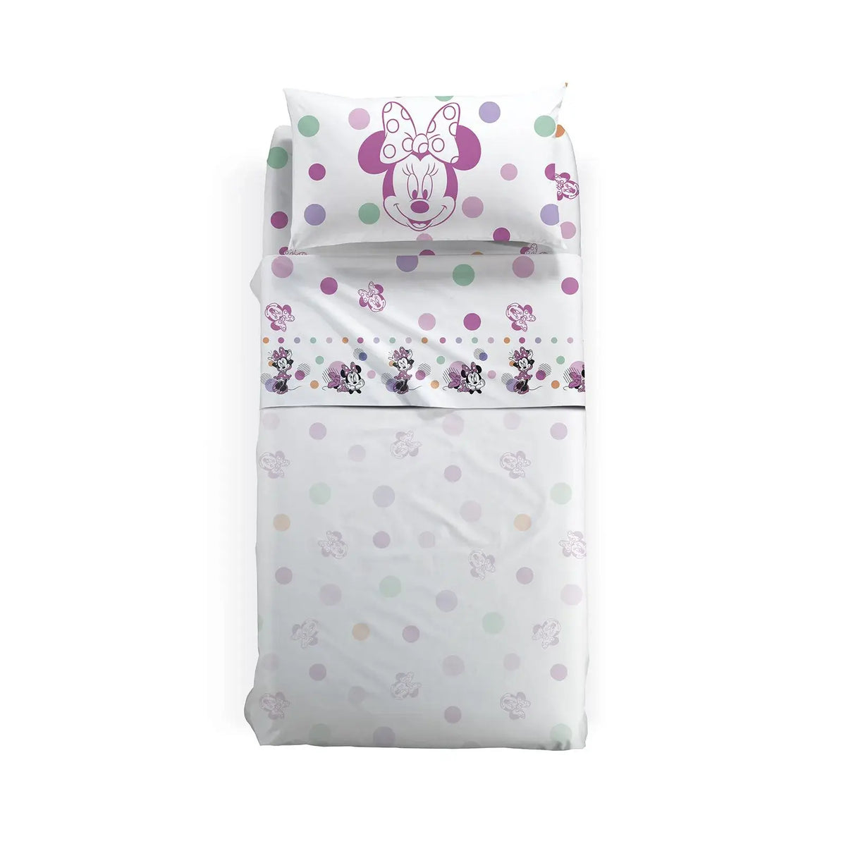 Completo lenzuola Caleffi Disney Minnie Allegra in puro cotone. Disponibile per letto singolo e a una piazza e mezza. Il completo lenzuola presenta una fantasia con Minnie su fondo bianco con pois colorati. Ideale per la tua bambina.