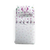 Completo lenzuola Caleffi Disney Minnie Allegra in puro cotone. Disponibile per letto singolo e a una piazza e mezza. Il completo lenzuola presenta una fantasia con Minnie su fondo bianco con pois colorati. Ideale per la tua bambina.