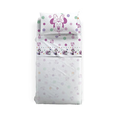 Completo lenzuola Caleffi Disney Minnie Allegra in puro cotone. Disponibile per letto singolo e a una piazza e mezza. Il completo lenzuola presenta una fantasia con Minnie su fondo bianco con pois colorati. Ideale per la tua bambina.