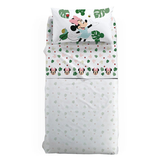 Completo lenzuola Minnie Garden in puro cotone per letto singolo. Linea Caleffi Disney. Originale fantasia per bambina con Minnie e foglie su fondo bianco.