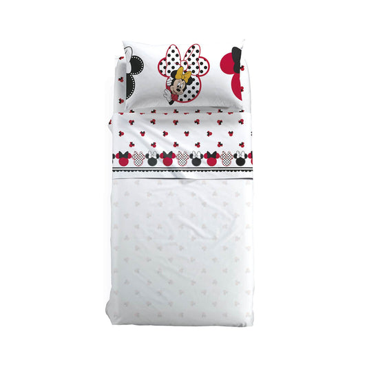 Completo lenzuola Minnie Pois in puro cotone per letto singolo. Linea Caleffi Disney. Originale fantasia con pois neri su fondo bianco.