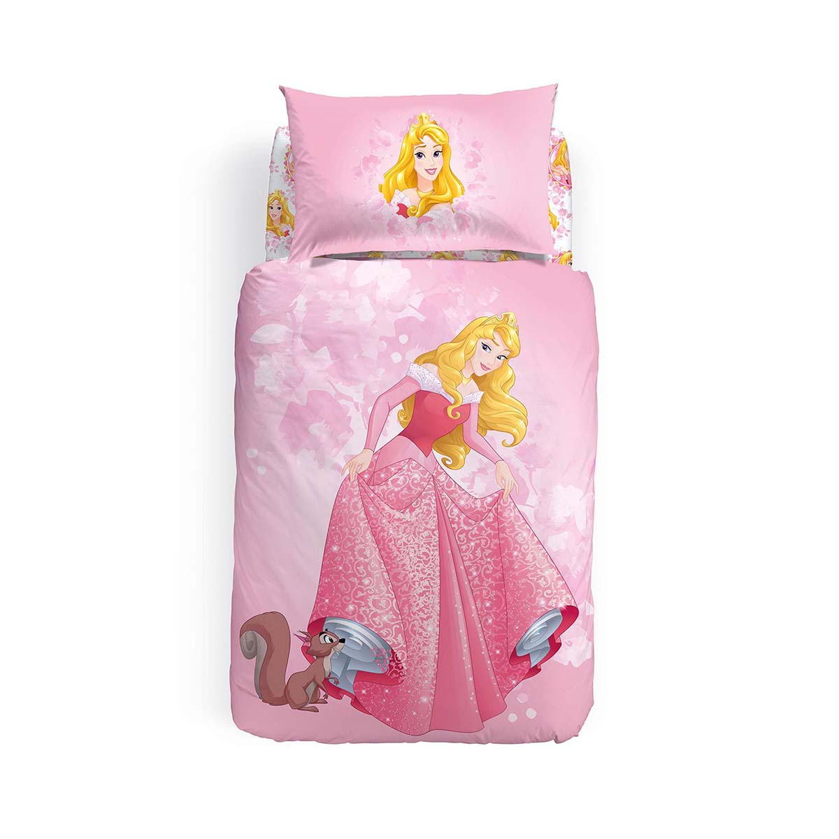 Completo Copripiumino Princess Aurora in puro cotone per letto singolo. Linea Caleffi Disney. Copripiumone per bambina con delicata fantasia piazzata su fondo rosa, con la Principessa Disney Aurora