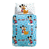 Completo Copripiumino Mickey Stelle con Topolino e pluto su fondo azzurro con stelle. in puro cotone per letto singolo. Linea Caleffi Disney.