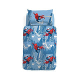Completo Copripiumino Spiderman Città in puro cotone per letto singolo. Linea Caleffi Disney, copripiumone per bambino con fondo azzurro.