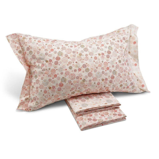 completo lenzuola matrimoniale caleffi harris in cotone. variante colore corallo, fondo beige.