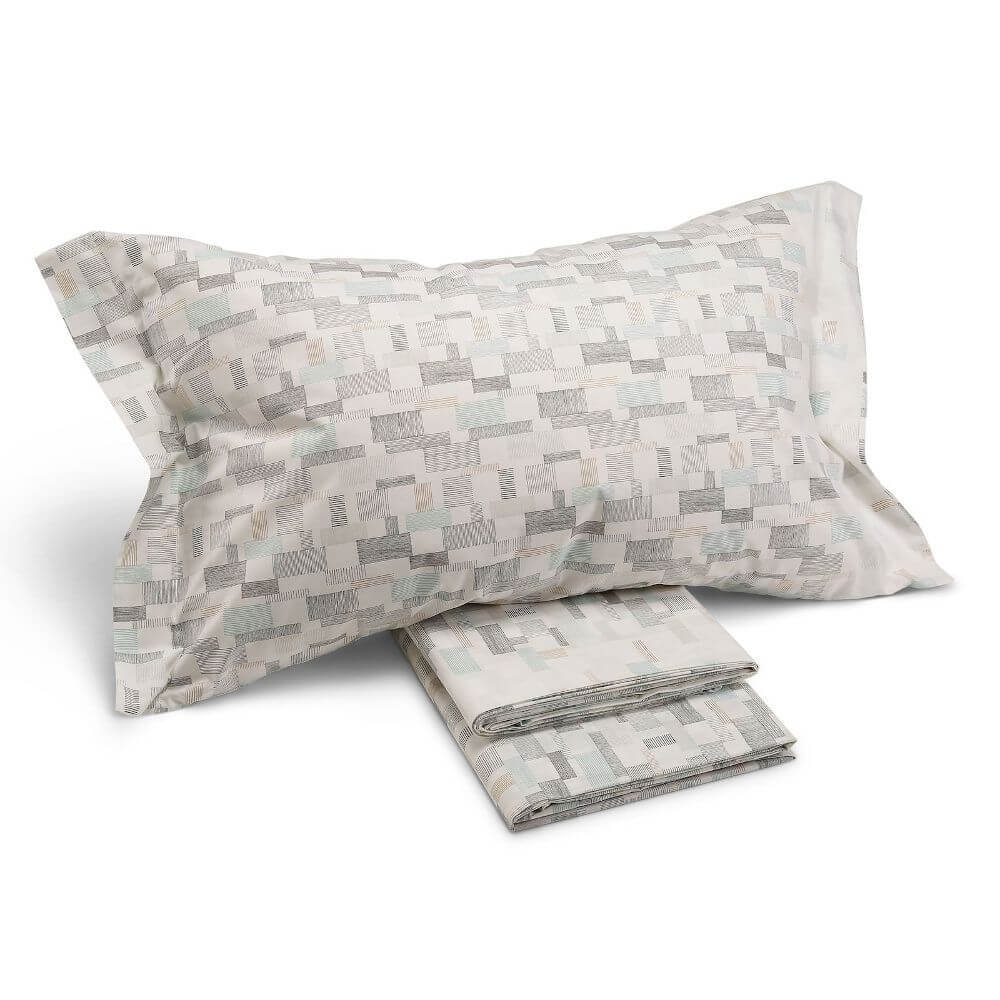 Completo lenzuola Caleffi Oxford in puro cotone per letto matrimoniale. Fantasia moderna geometrica colore grigio