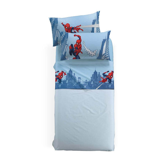 Completo lenzuola Caleffi Disney in FLANELLA di puro cotone. Fantasia da bambino Spiderman Città. Fondo azzurro/blu. letto singolo.