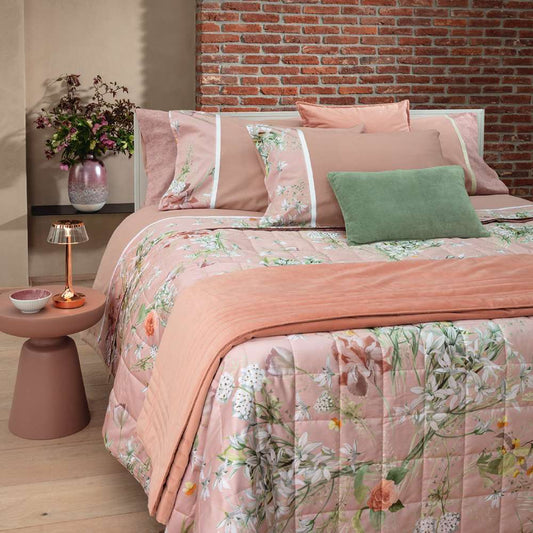 Completo lenzuola matrimoniale Fazzini Lilia in flanella di puro cotone.  Fantasia floreale colore rosa