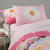 Completo lenzuola Caleffi Margherite in puro cotone per letto da una piazza e mezza. Fantasia colorata con margherite su fondo rosa. Ideale per bambine e ragazze.