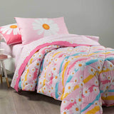 Completo lenzuola e trapunta Caleffi Margherite in puro cotone per letto da una piazza e mezza. Fantasia colorata con margherite su fondo rosa. Ideale per bambine e ragazze.