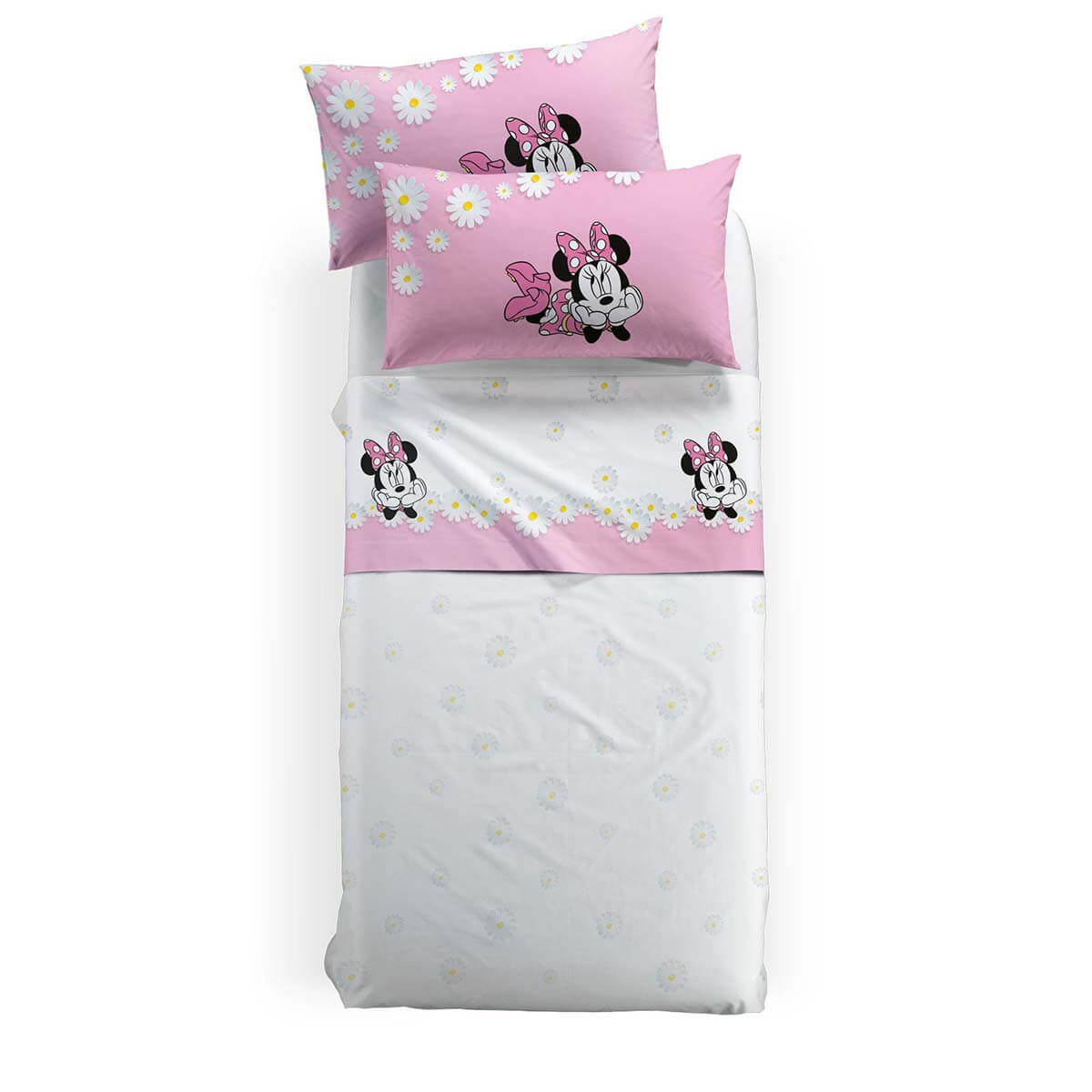 Completo lenzuola Minnie Margherite caleffi disney cotone letto singolo e piazza e mezza bambina con fiori. colore bianco e rosa.