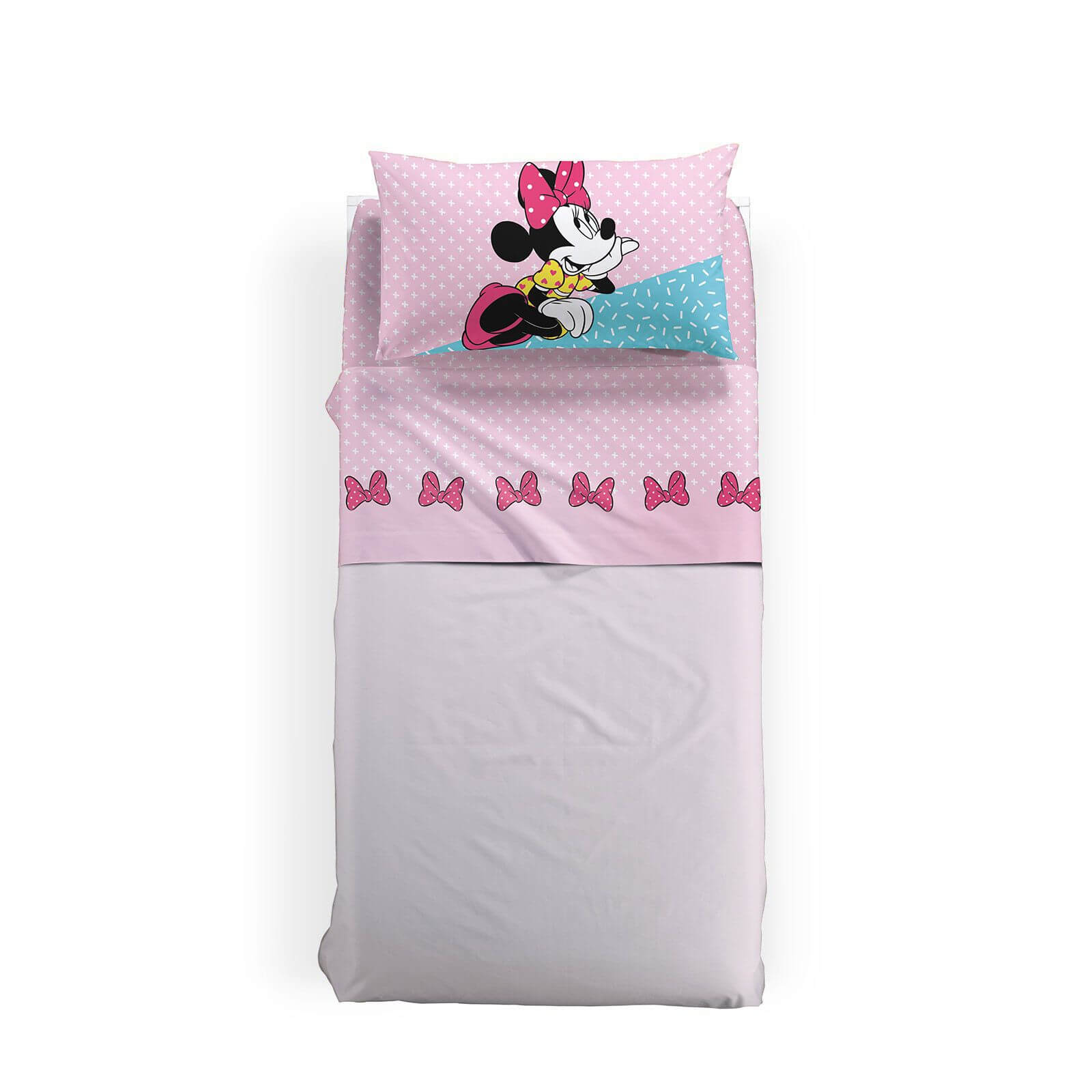 Completo lenzuola Minnie Pink in puro cotone per letto singolo. Linea Caleffi Disney. Fantasia fondo rosa.