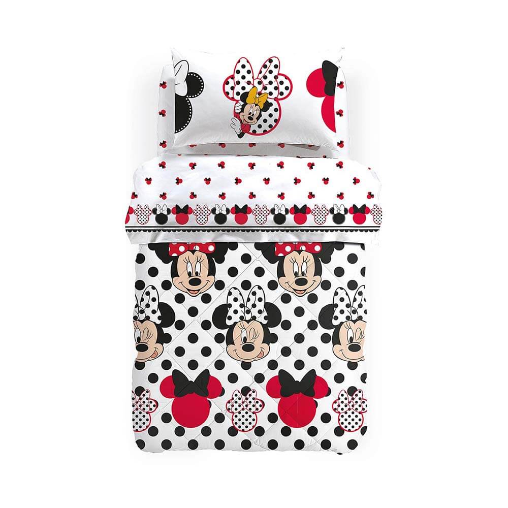Trapunta invernale Minnie Pois in cotone, linea Caleffi Disney. Disponibile nella misura per letto singolo.  Fantasia molto originale con Minnie su fondo bianco con pois neri.