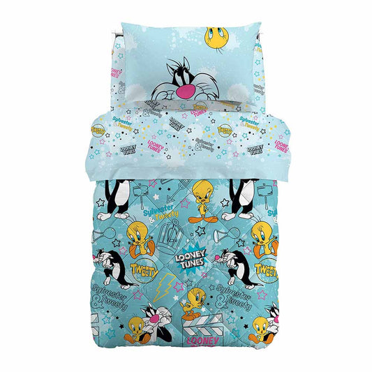 Trapunta invernale Silvestro & Titti, della linea Looney Toons di Caleffi. Trapunta in puro cotone nella misura letto singolo, per bambino e bambina. Fondo azzurro verde acqua