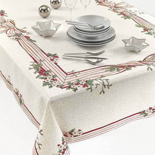 Tovaglia Natale Gabel Ribbon per 8 o 12 persone. Fondo bianco con fiori bianchi, foglie verdi e bacche rosse. Stampa digitale su puro cotone panama.