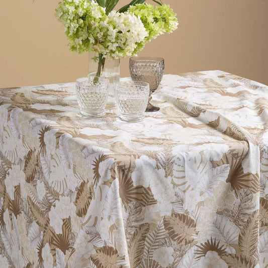 Telo Arredo multiuso Orchidea di Caleffi, in puro cotone. Telo grandecor misura matrimoniae. Utilizzabile come copriletto, copridivano o copritavolo. Fantasia con fiori e foglie colore naturale beige