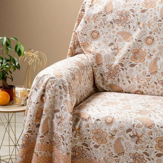Telo Arredo Grandecor multiuso Narciso di Caleffi, in puro cotone. Utilizzabile come copriletto, copridivano e copritavolo. Misura matrimoniale. Fantasia classica dai motivi floreali, colore ambra beige
